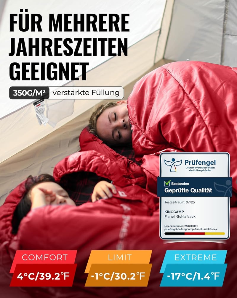 KingCamp Hálózsák XXL Felnőtt Piros Flanell Bélés 220x100cm Téli Kempingezés Túrázás Szabadtéri Tevékenység 4 Évszak
