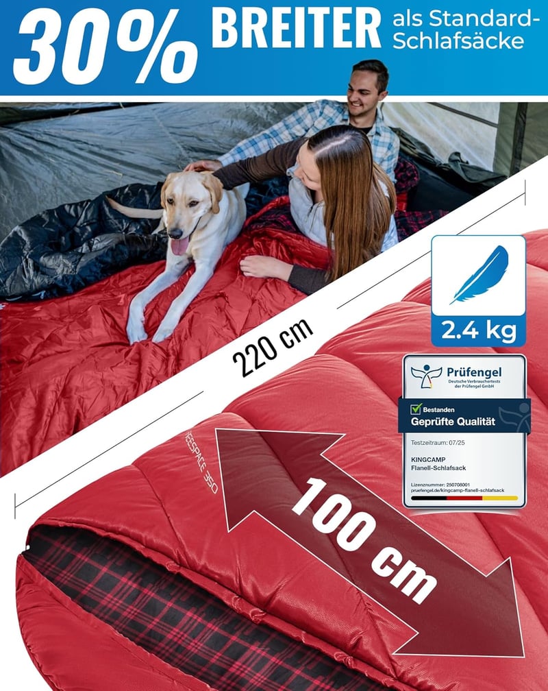KingCamp Hálózsák XXL Felnőtt Piros Flanell Bélés 220x100cm Téli Kempingezés Túrázás Szabadtéri Tevékenység 4 Évszak