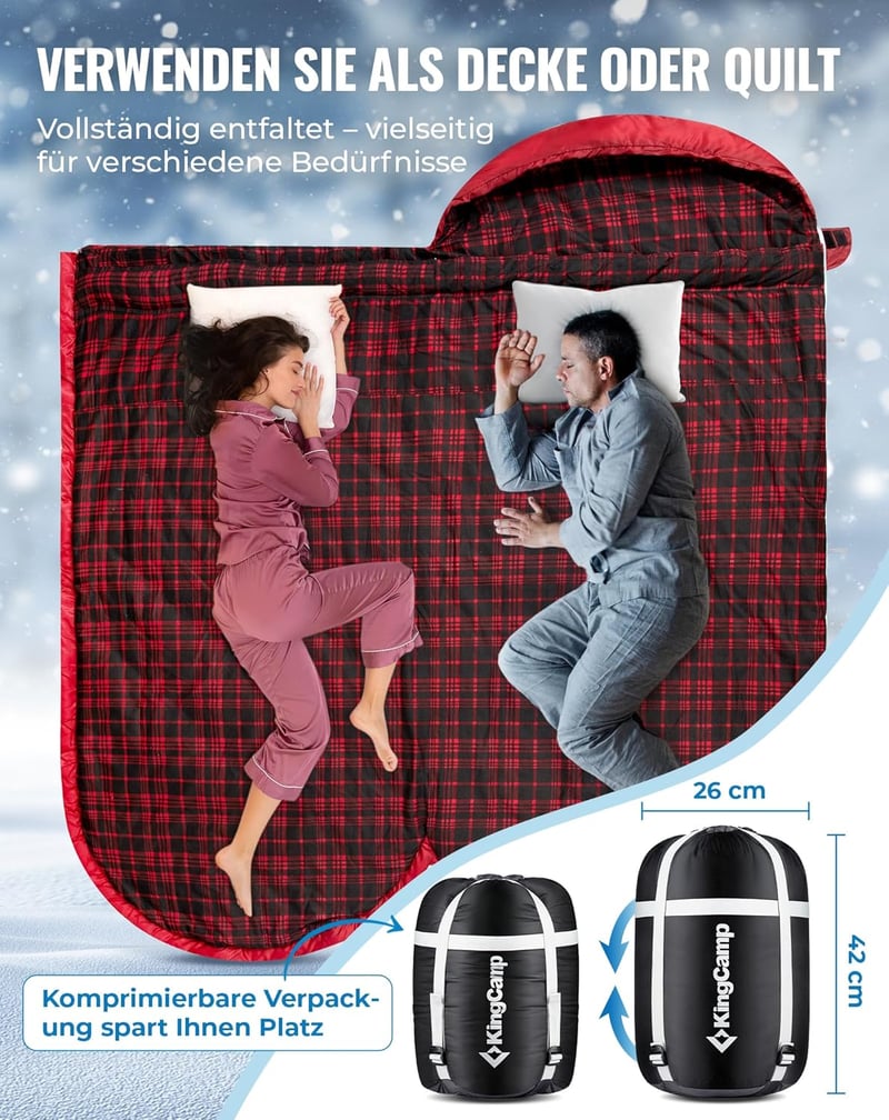 KingCamp Hálózsák XXL Felnőtt Piros Flanell Bélés 220x100cm Téli Kempingezés Túrázás Szabadtéri Tevékenység 4 Évszak