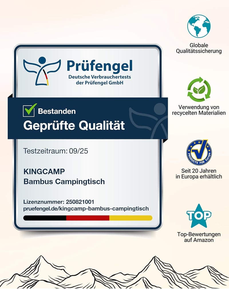 KingCamp 4 részes bambusz kempingasztal, összecsukható alumínium váz 2-6 fő, sárga