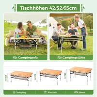 KingCamp Összecsukható Bambusz Kempingasztal - 3 Állítható Magasság (45/52/65 cm), Alumínium Váz, 80 kg Teherbírás, Hordtáskával, Kültéri Ha 5