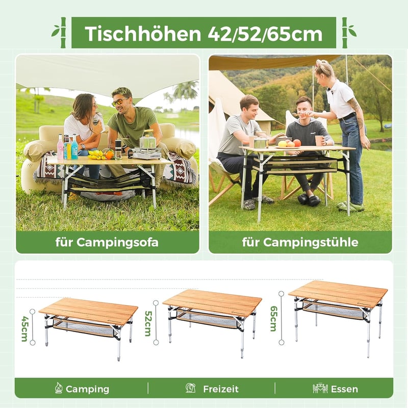 KingCamp Összecsukható Bambusz Kempingasztal - 3 Állítható Magasság (45/52/65 cm), Alumínium Váz, 80 kg Teherbírás, Hordtáskával, Kültéri Ha
