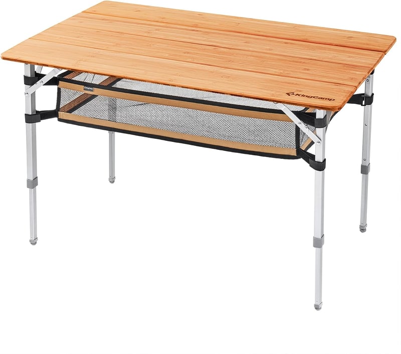 KingCamp Összecsukható Bambusz Kempingasztal - 3 Állítható Magasság (45/52/65 cm), Alumínium Váz, 80 kg Teherbírás, Hordtáskával, Kültéri Ha