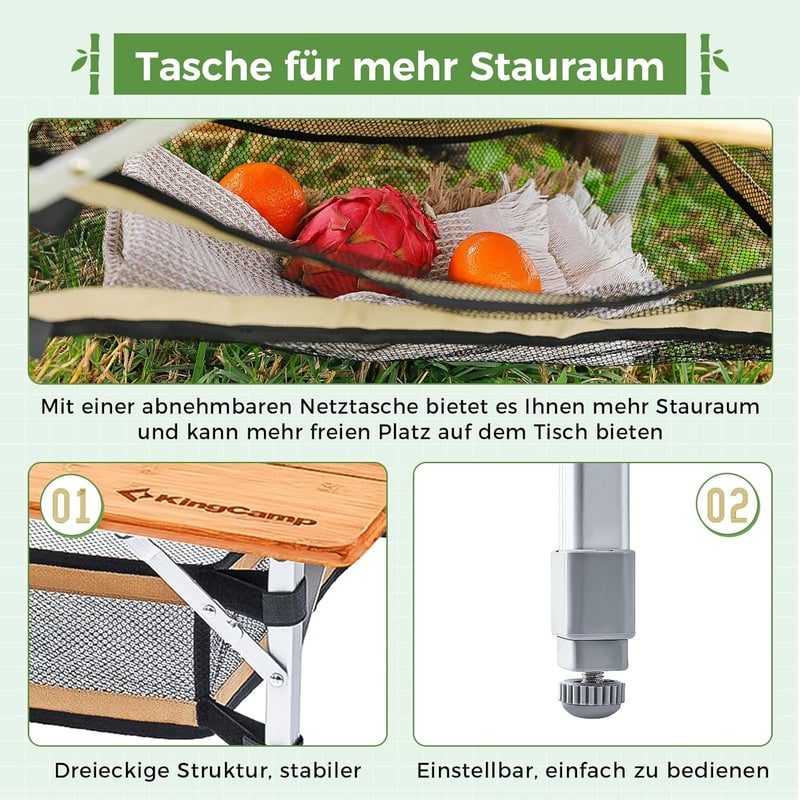 KingCamp Összecsukható Bambusz Kempingasztal - 3 Állítható Magasság (45/52/65 cm), Alumínium Váz, 80 kg Teherbírás, Hordtáskával, Kültéri Ha