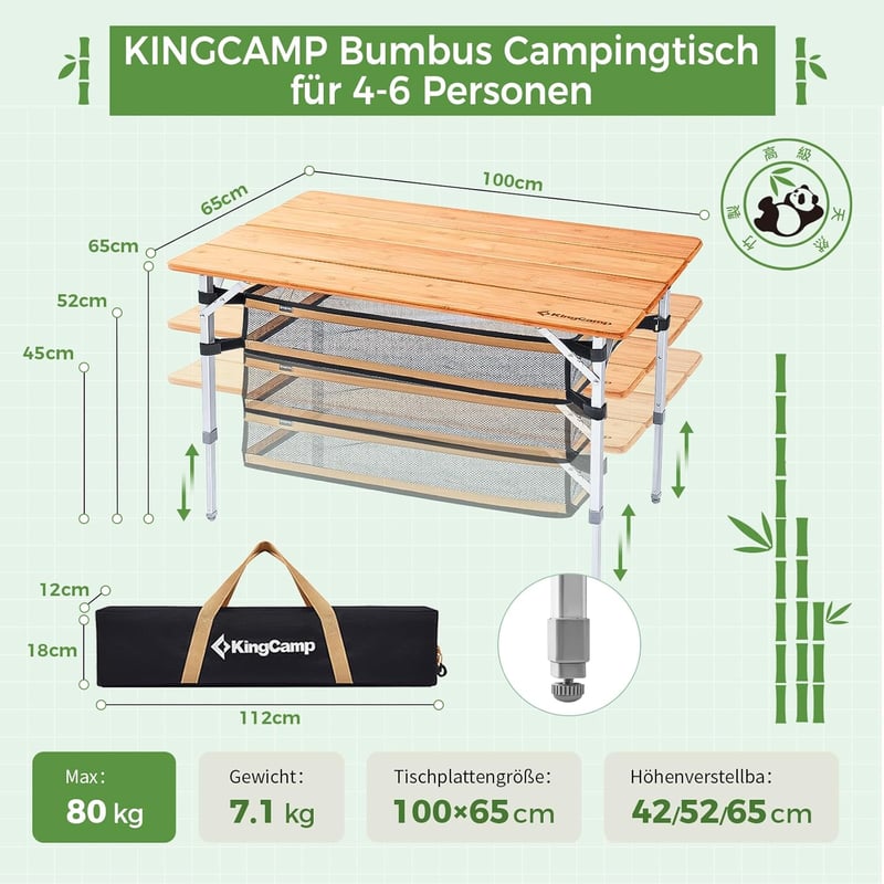 KingCamp Összecsukható Bambusz Kempingasztal - 3 Állítható Magasság (45/52/65 cm), Alumínium Váz, 80 kg Teherbírás, Hordtáskával, Kültéri Ha