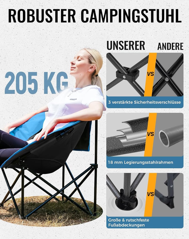 KingCamp összecsukható kemping  szék háttáskával és pohártartóval kék 205 kg-ig