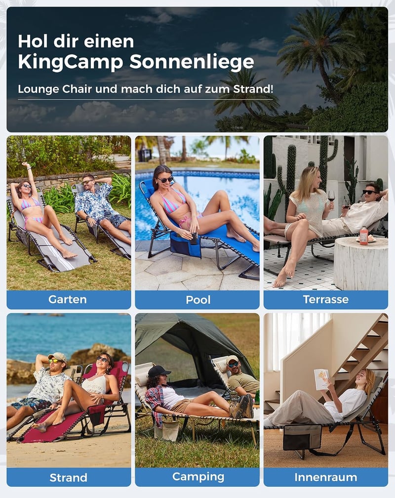 Șezlong pliabil KingCamp albastru, spătar reglabil în 5 poziții, pat de plajă, camping și grădină cu pernă