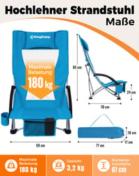 Scaun de plajă pliabil KingCamp cu o capacitate de încărcare de 180 kg, cotiere căptușite, suport pentru pahar, buzunare din plasă și geantă de transport, pentru camping și activități în aer liber 3