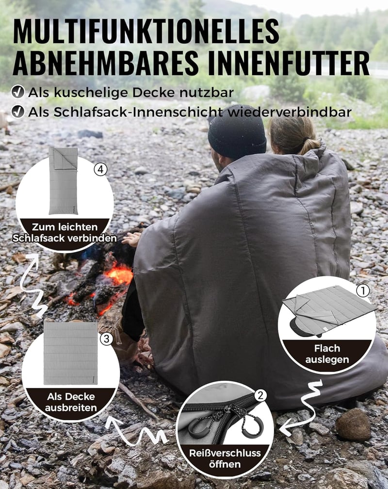 KingCamp Pehelydús Téli Hálózsák 4°C-tól -20°C-ig, Pamut Anyag, 4 Évszakos Camping Alvózsák - Comfort: 1℃ / Limit: -5°C / Extreme: -22°C (including blanket)