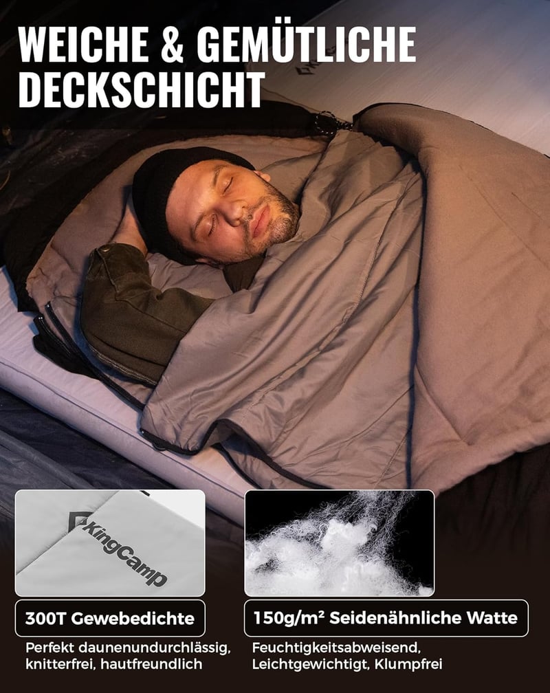 KingCamp Pehelydús Téli Hálózsák 4°C-tól -20°C-ig, Pamut Anyag, 4 Évszakos Camping Alvózsák - Comfort: 1℃ / Limit: -5°C / Extreme: -22°C (including blanket)