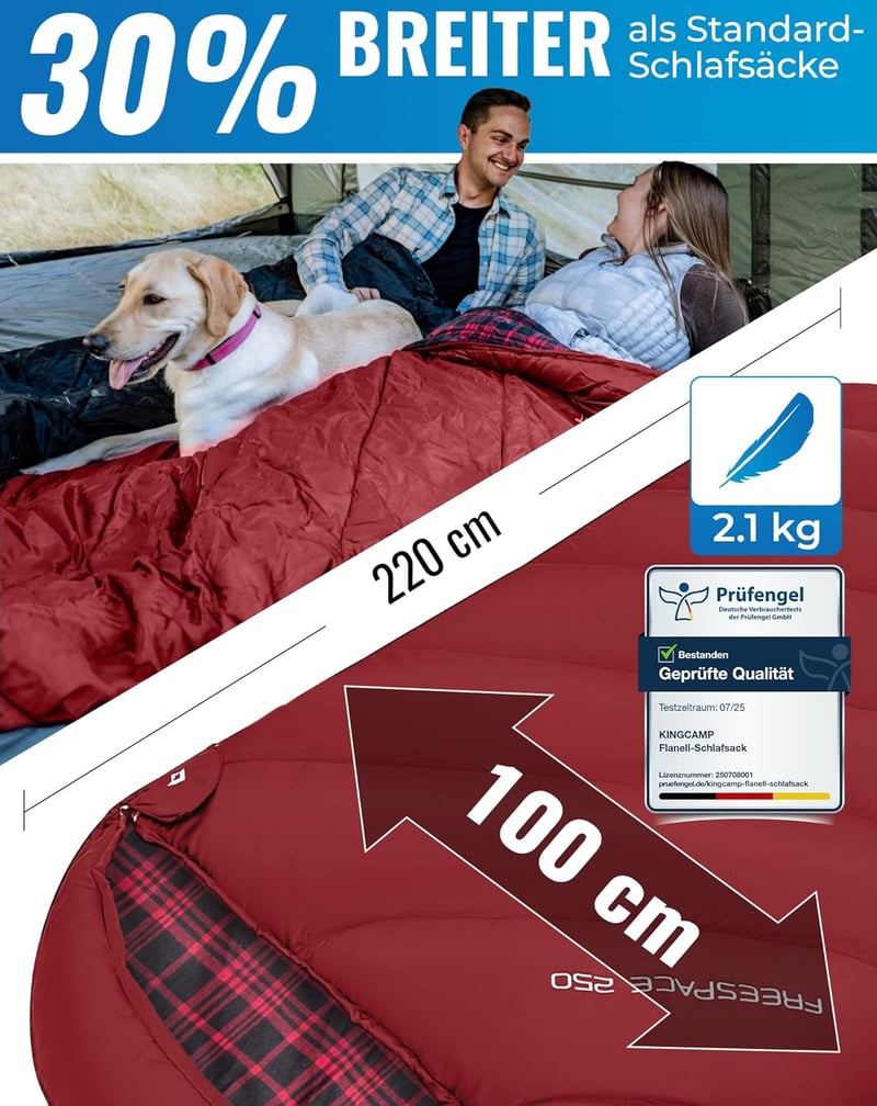KingCamp XXL Flanel Hálózsák Felnőtteknek, Meleg Téli Kempingzsák 220x100cm