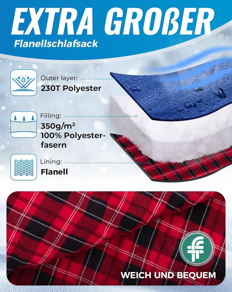 KingCamp XXL Flanel Hálózsák Felnőtteknek, Téli Meleg Deckenschlafsack 220x100cm