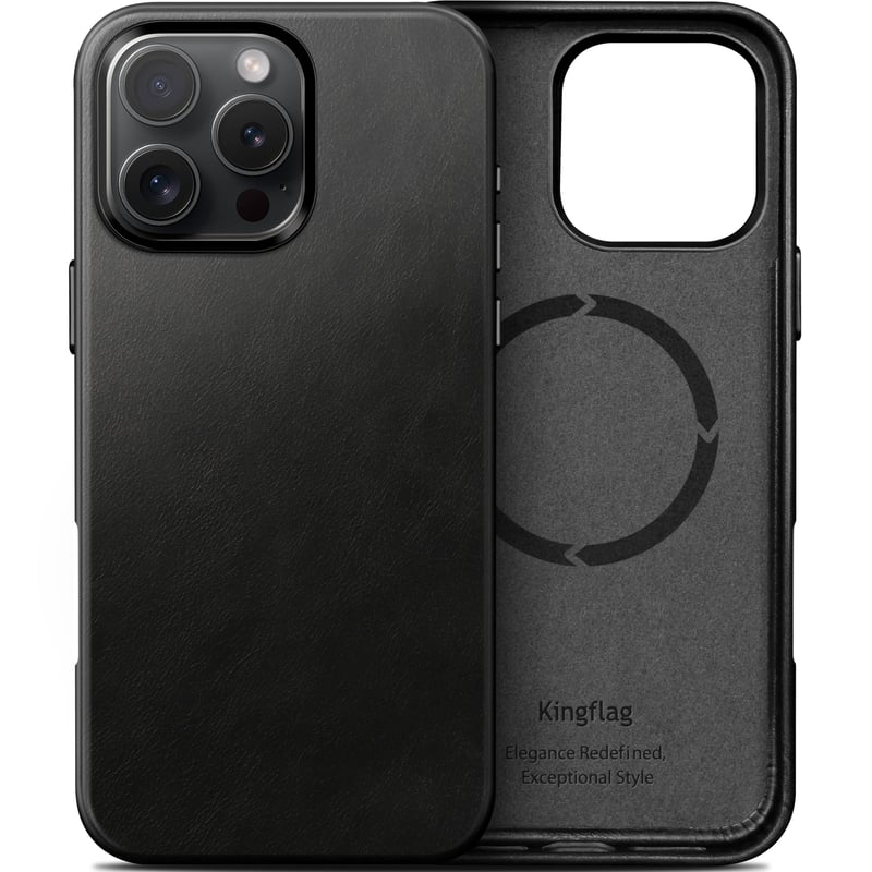 Kožené puzdro kingflag pre iPhone 16 Pro, pravá koža s olejovou úpravou, extra tenké, kompatibilné s MagSafe, čierne