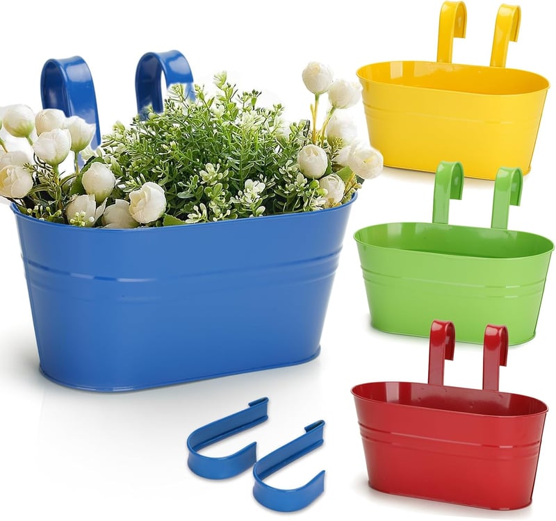 KINGLAKE 27 cm-es fém függőleges virágcserép szett 4 db-os, színes, horoggal és lefolyóval