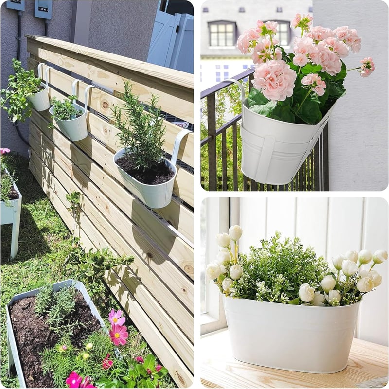KINGLAKE 27 cm Fehér Fém Függőleges Virágcserép 4 db Levehető Horoggal Erkélyre Kerítésre Ablakra