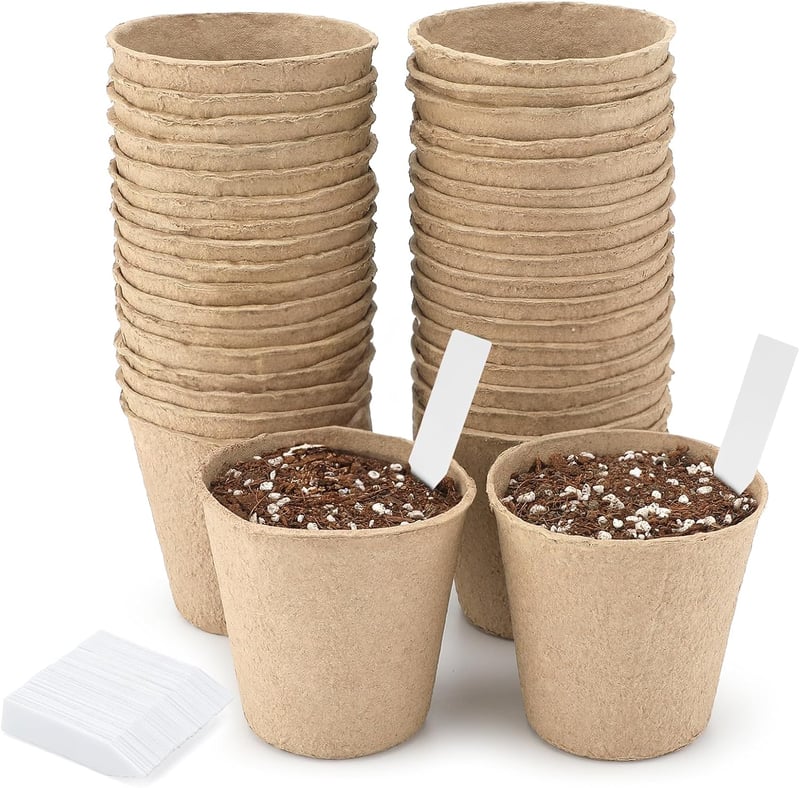 KINGLAKE 50 db 8 cm kerek biodegradálható magvetési cserepe + 50 db fehér növénycímke szett