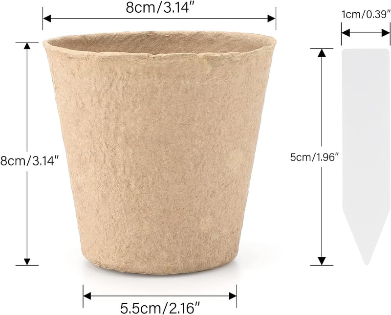 KINGLAKE 50 db 8 cm kerek biodegradálható magvetési cserepe + 50 db fehér növénycímke szett