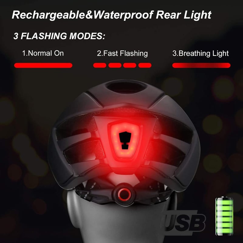 KINGLEAD Kerékpáros Bukósisak Levehető Mágneses Napellenzővel, USB Hátsó Világítással, Állítható Méret 57-62cm, Unisex MTB Sisak - Black