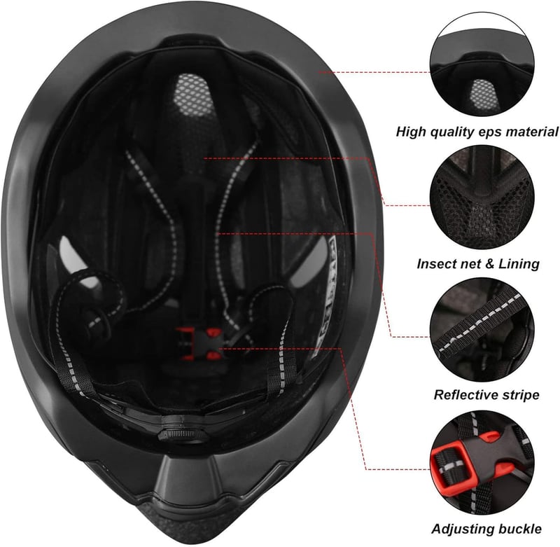 KINGLEAD Kerékpáros Bukósisak Levehető Mágneses Napellenzővel, USB Hátsó Világítással, Állítható Méret 57-62cm, Unisex MTB Sisak - Black