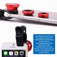 KINGMAS 3 v 1 súprava objektívov pre smartfóny – Rybie oko, makro a širokouhlý klipový objektív pre iPad, iPhone, Samsung a Android zariadenia, červená 2