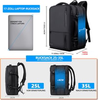 KINGSLONG Bővíthető Laptop Hátizsák 19" - 28-46L Vízlepergető Utazótáska USB Töltőporttal, Repülőgép Fedélzetre Vihető, Vákuumtasakkal és Pu 3