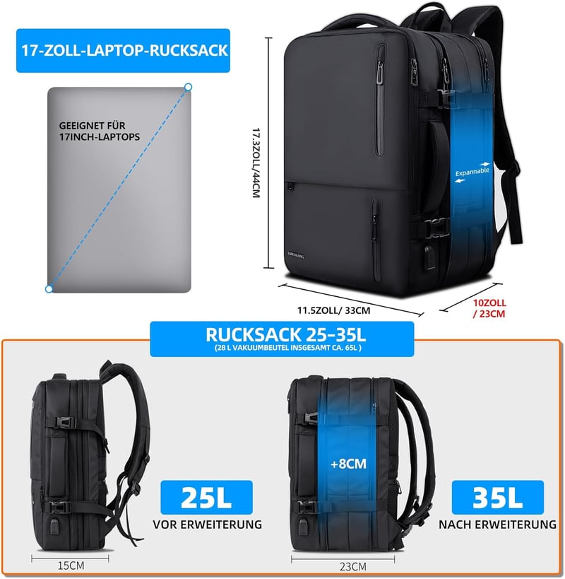 KINGSLONG Bővíthető Laptop Hátizsák 19" - 28-46L Vízlepergető Utazótáska USB Töltőporttal, Repülőgép Fedélzetre Vihető, Vákuumtasakkal és Pu