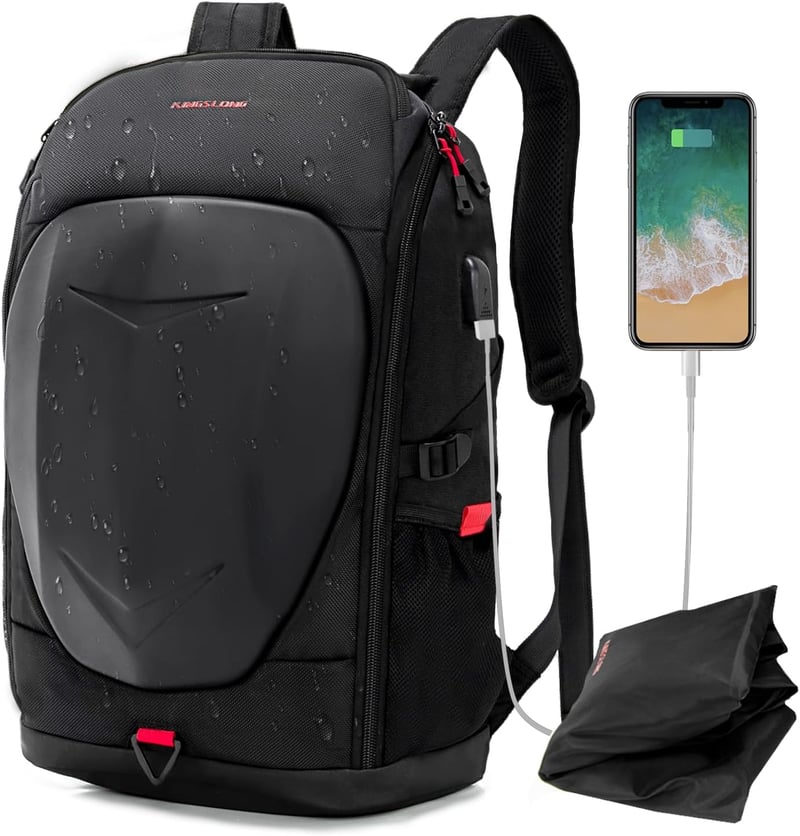 KINGSLONG Vízálló Laptop Hátizsák 15-17,3" - Kemény Héjú Motoros Hátizsák USB Porttal, Gamer és Utazó Táska, Fekete