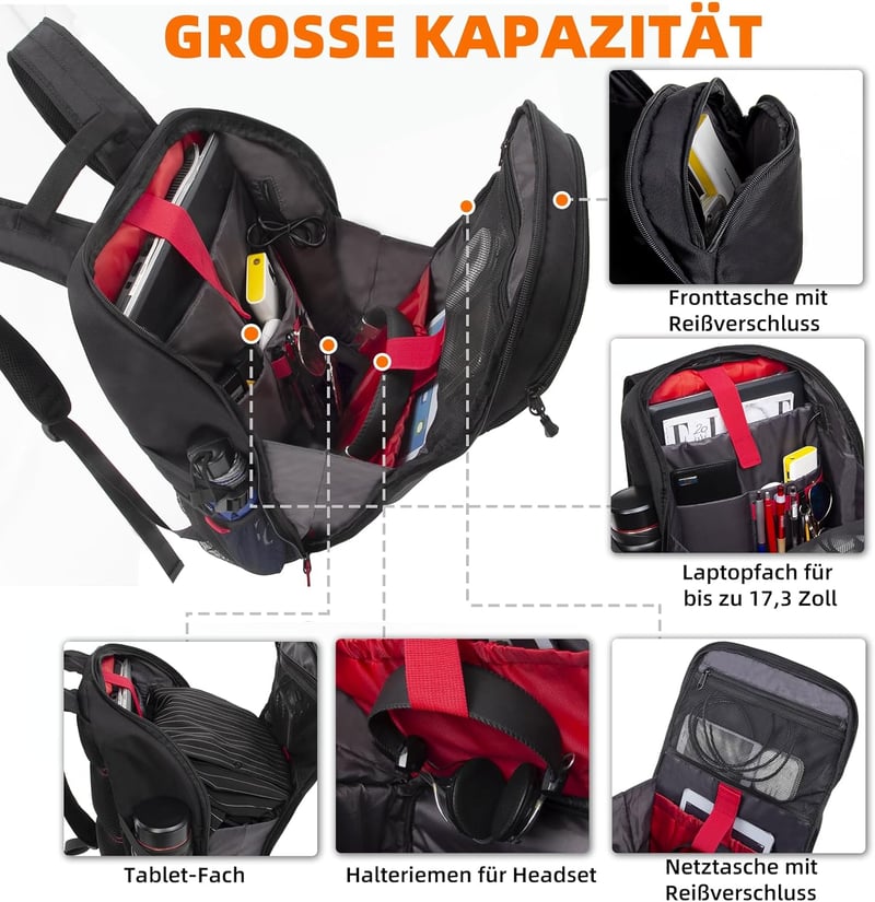 KINGSLONG Vízálló Laptop Hátizsák 15-17,3" - Kemény Héjú Motoros Hátizsák USB Porttal, Gamer és Utazó Táska, Fekete