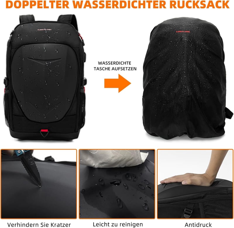 KINGSLONG Vízálló Laptop Hátizsák 15-17,3" - Kemény Héjú Motoros Hátizsák USB Porttal, Gamer és Utazó Táska, Fekete