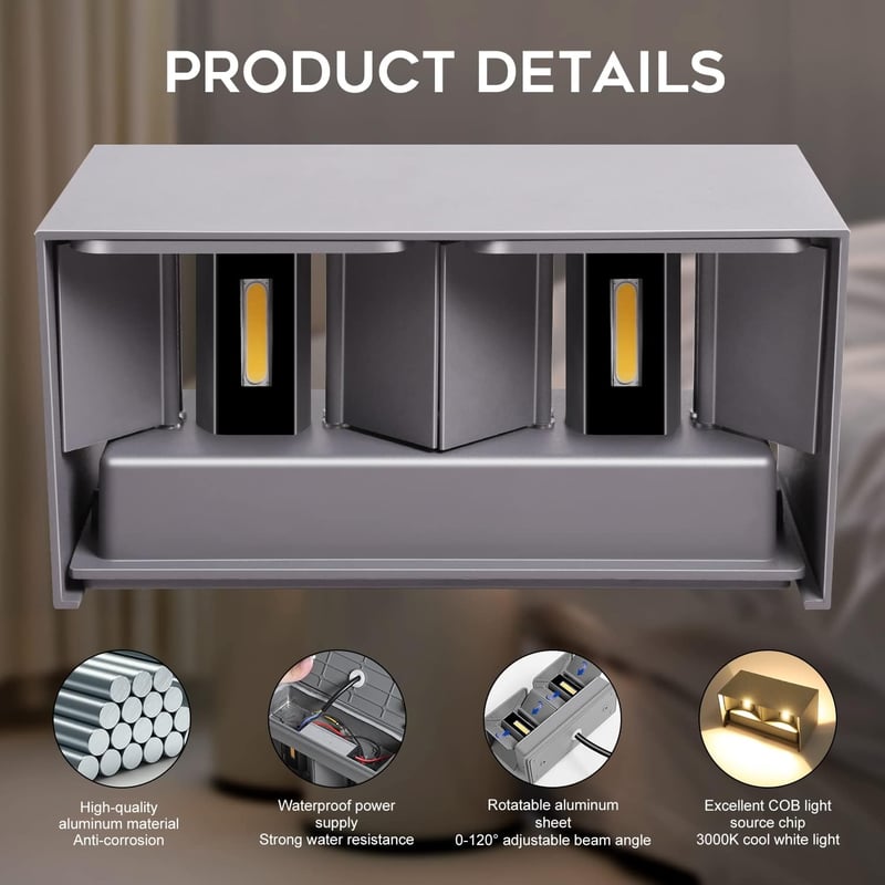 Kingwei 20W LED fali lámpa szürke, fel-le állítható, meleg fehér 3000K, IP65 vízálló