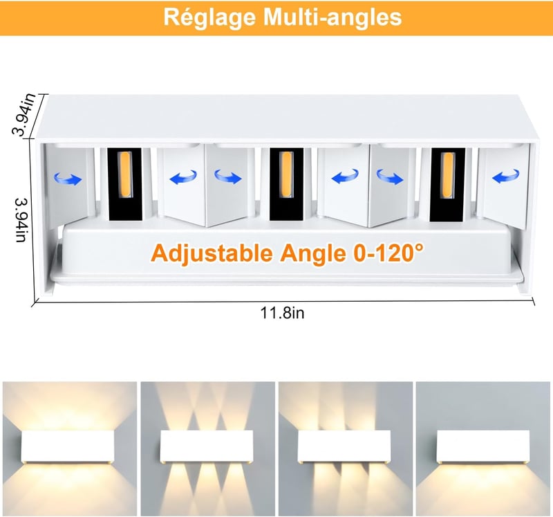 Kingwen 2 db Kültéri Fali Lámpa IP65 Vízálló 30W 3000K Fehér Állítható 120°