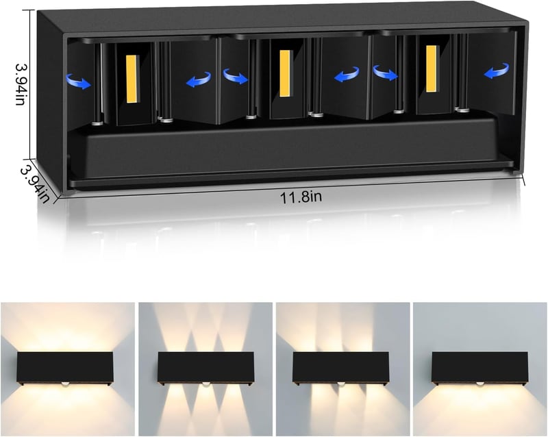 Kingwen Kültéri-Beltéri Fali Lámpa Szett, 2db 30W Fekete Alumínium IP65 Vízálló LED Világítás, 120° Állítható Fényszög, 3000K Meleg Fehér - 30w Black 3000k*2
