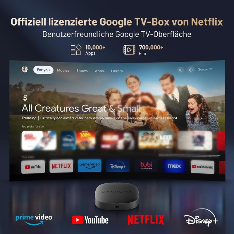 Kinhank 4K Google TV Box - HDR10+ UHD Médialejátszó, Netflix Tanúsított, 2GB+16GB, Kettős WiFi, Bluetooth 5.0, Hangvezérlés, Képernyőtükrözé