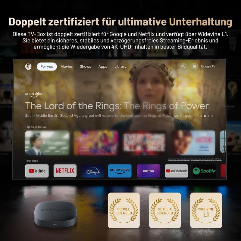 Kinhank 4K Google TV Box - HDR10+ UHD Médialejátszó, Netflix Tanúsított, 2GB+16GB, Kettős WiFi, Bluetooth 5.0, Hangvezérlés, Képernyőtükrözé