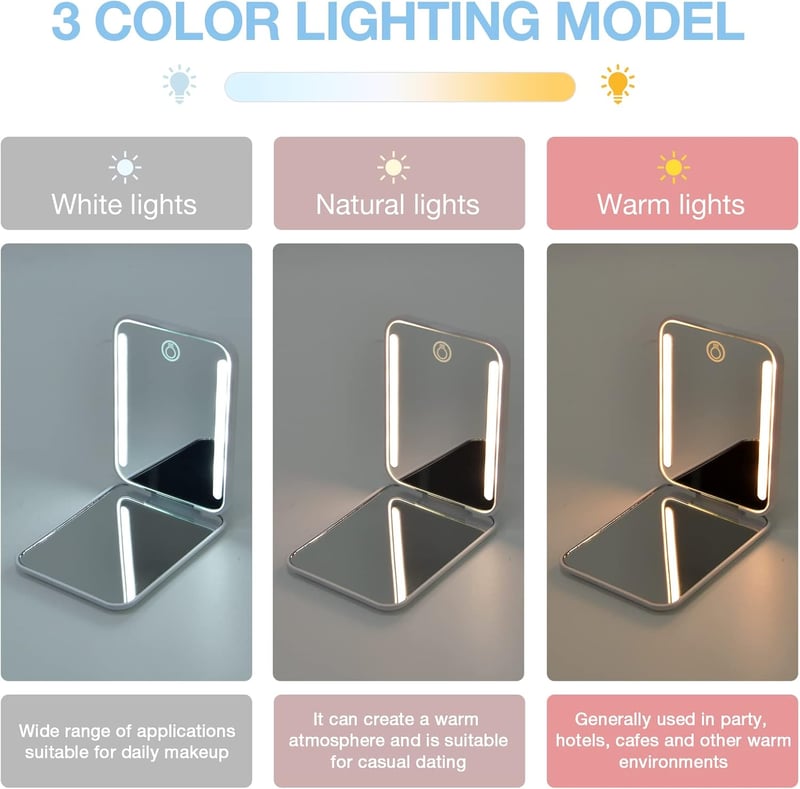 Kintion LED utazó sminkespegel, 3 színhőmérséklet, szabályozható, fehér