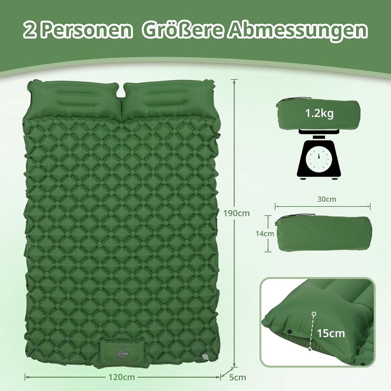 KioGro Önfelfújó Kempingmatrac 2 Személyes, Lábpumpa, Integrált Párna, Vízálló 120x190cm