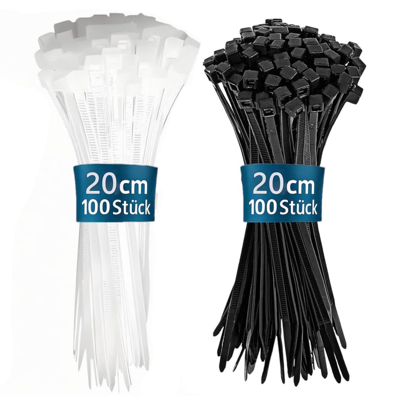 Kisstta 200 kom višekratnih vezica za kabele, crne i bijele, otporne na UV zračenje, 200 mm x 3,6 mm, najlon, za industrijsku i vrtnu upotrebu