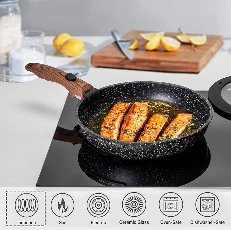 Kitchen Academy 10 részes edénykészlet levehető fogantyúval, indukciós serpenyő és lábos szett, 20/25 cm serpenyő, 18 cm fazék, minden főzől