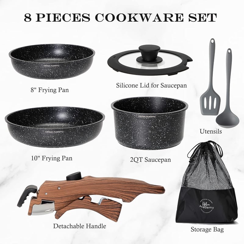 Kitchen Academy 10 részes edénykészlet levehető fogantyúval, indukciós serpenyő és lábos szett, 20/25 cm serpenyő, 18 cm fazék, minden főzől
