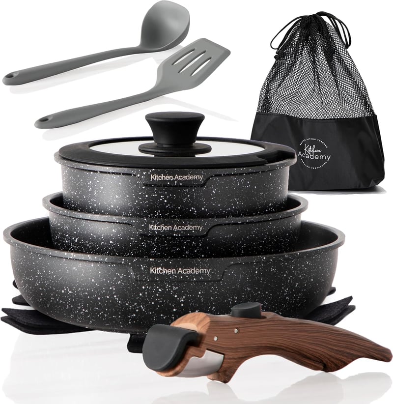 Kitchen Academy 10 részes edénykészlet levehető fogantyúval, indukciós serpenyő és lábos szett, 20/25 cm serpenyő, 18 cm fazék, minden főzől