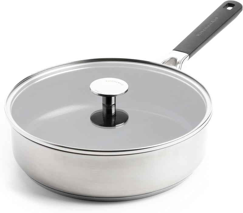 KitchenAid Classic Rozsdamentes Acél Serpenyő 26 cm Kerámia Tapadásmentes Bevonattal, Üvegfedővel, Indukciós, Mosogatógépben Mosható