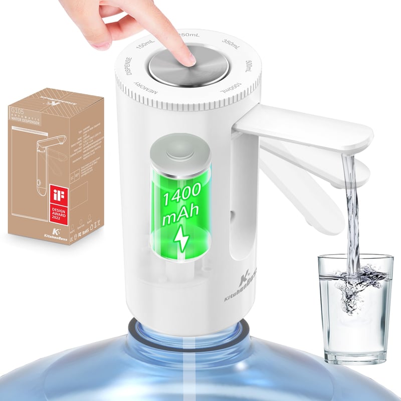 KitchenBoss Elektromos Vízadagoló Pumpa 1-5 Gallonos Palackokhoz, USB Töltéses Hordozható Vízpumpa, Fehér
