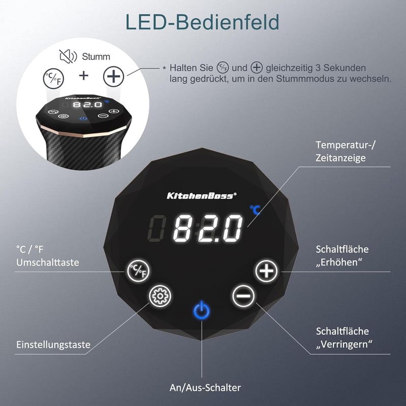 KitchenBoss G300T Sous Vide Gárlófej Precíziós Hőmérsékletes IPX7 Vízálló LED Kijelző