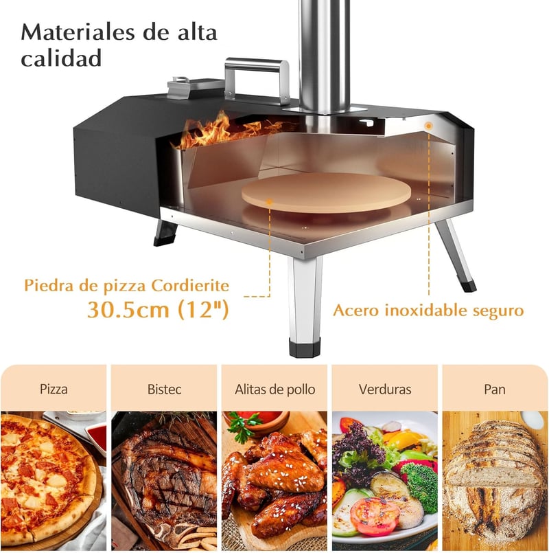 KitchenBoss Hordozható Kerti Pizza Sütő Fa Pellettel, 30,5 cm Pizzakő, Rozsdamentes Acél