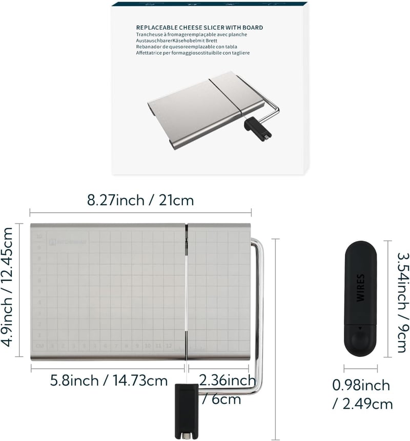 KITCHENDAO Cserélhető Sajtszeletelő Dróttal, Mérőráccsal és Vágódeszkával - Stainless Steel