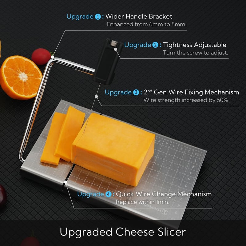 KITCHENDAO Cserélhető Sajtszeletelő Dróttal, Mérőráccsal és Vágódeszkával - Stainless Steel