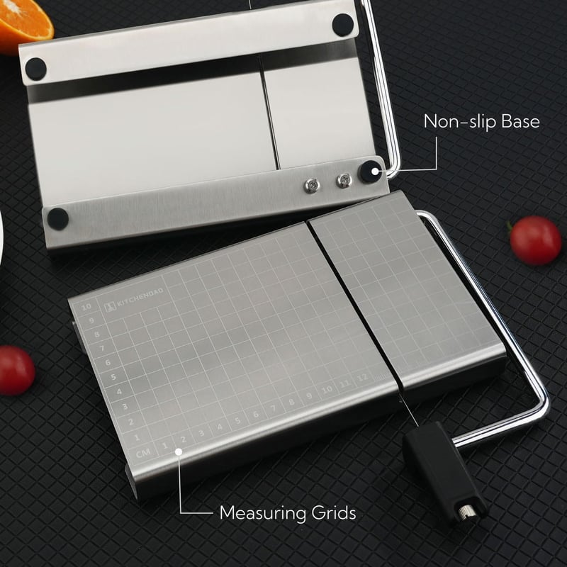 KITCHENDAO Cserélhető Sajtszeletelő Dróttal, Mérőráccsal és Vágódeszkával - Stainless Steel