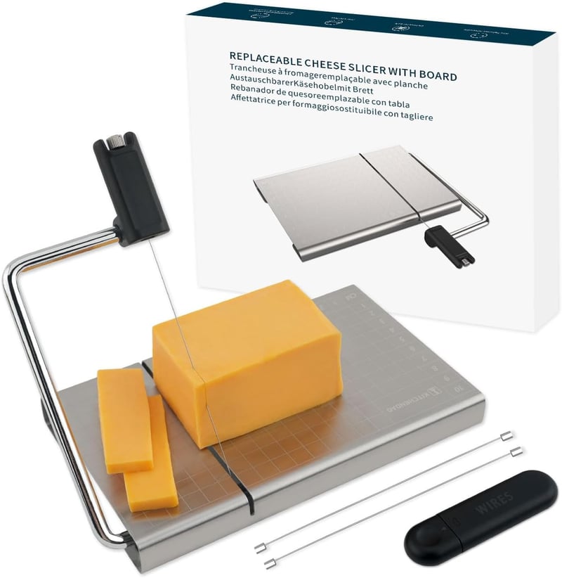 KITCHENDAO Cserélhető Sajtszeletelő Dróttal, Mérőráccsal és Vágódeszkával - Stainless Steel