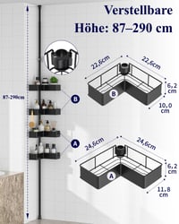 Teleskopická sprchová polica Kitsure s napínacou tyčou, do rohu, bez vŕtania, výškovo nastaviteľná 87–290 cm, šírka 24,6 cm, nehrdzavejúca 2