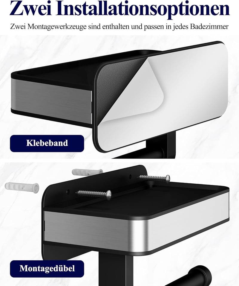 Kitsure Wc papír tartó polccal, fúrás nélkül, extra nagy tekercshez, fekete